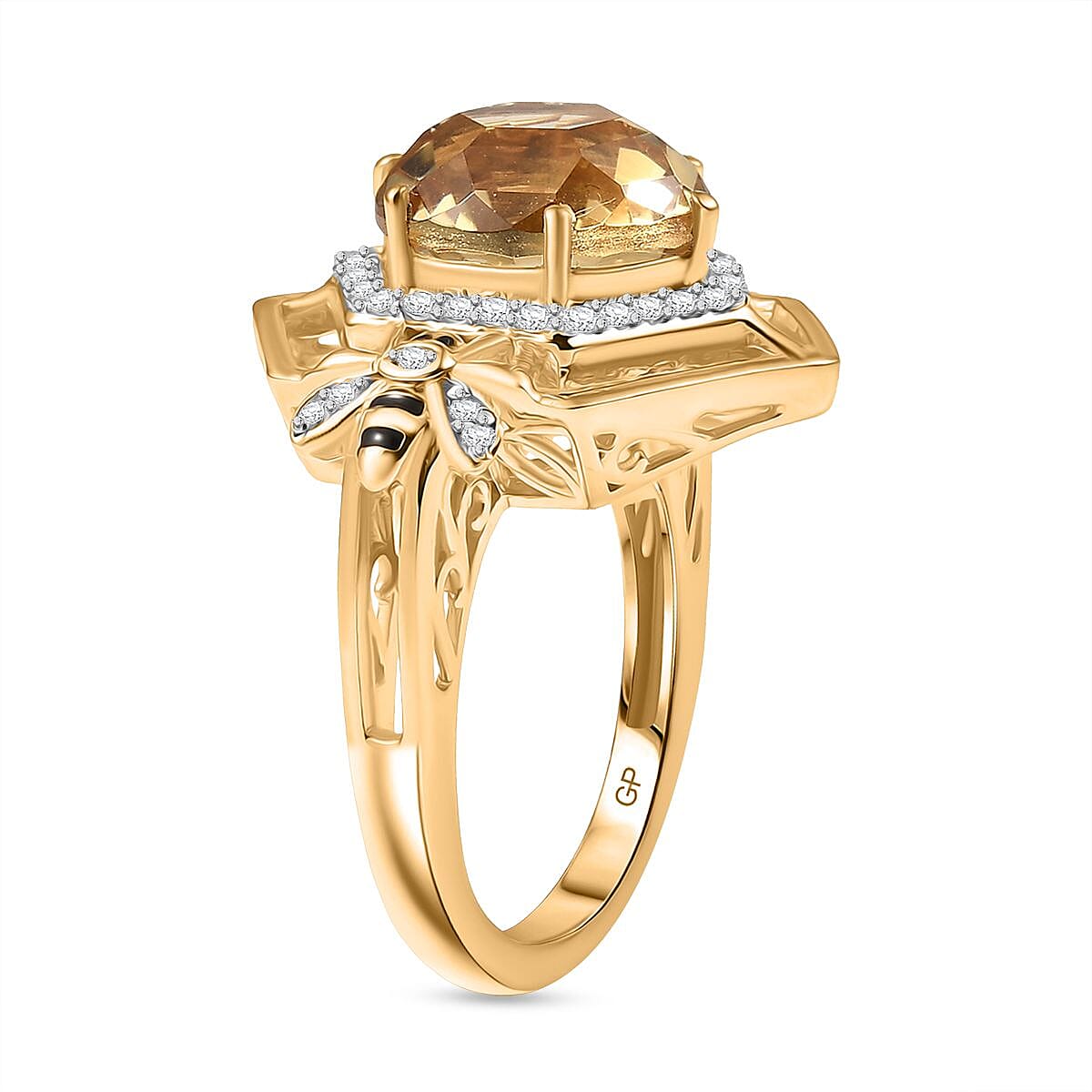 GP Honey Comb Collection - Honeycomb Cut Citrine, Blue Sapphire & White Zircon Ring in 18K Vermeil Yellow Gold Plated Sterling Silver 4.45 Ct.