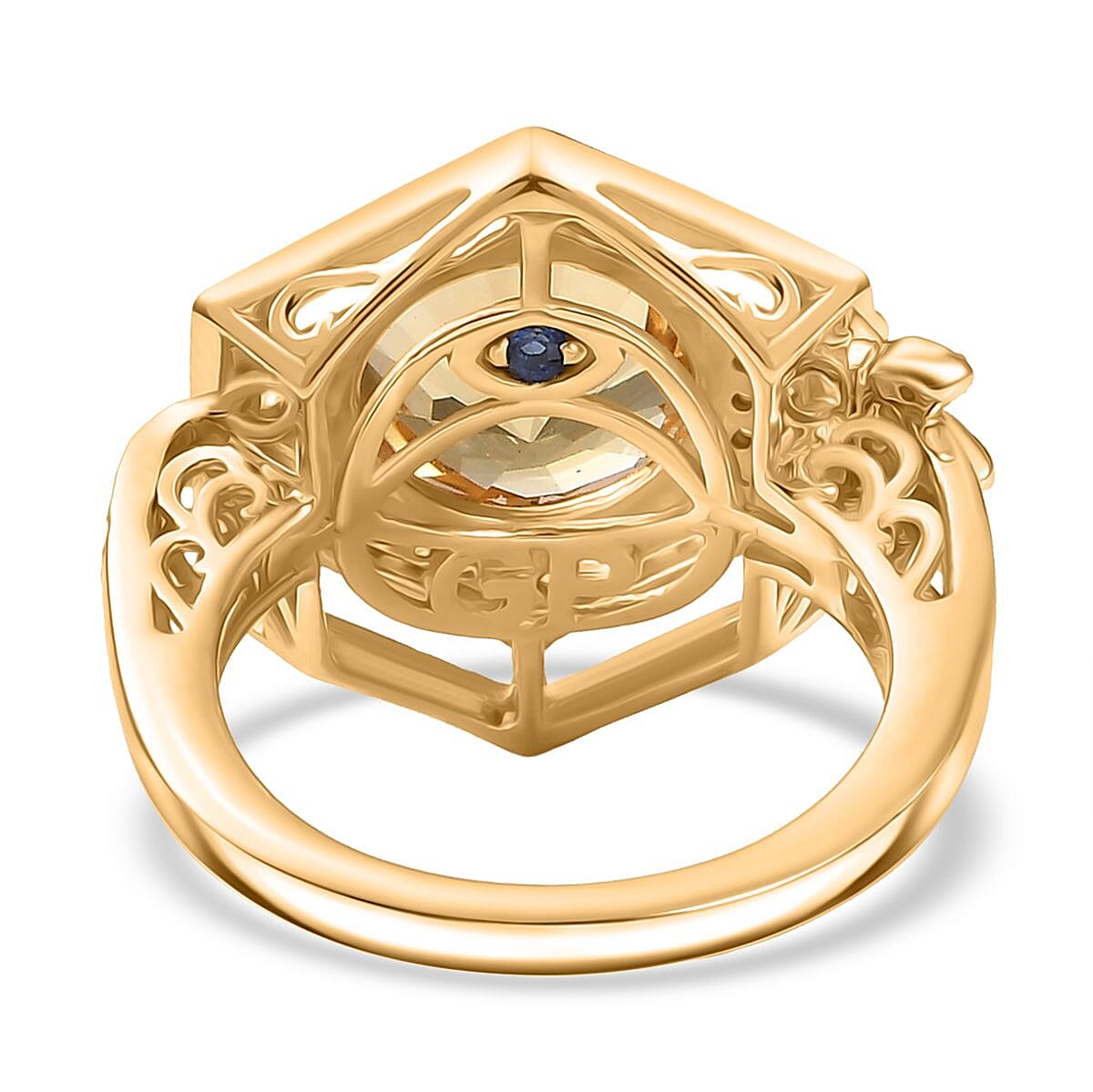 GP Honey Comb Collection - Honeycomb Cut Citrine, Blue Sapphire & White Zircon Ring in 18K Vermeil Yellow Gold Plated Sterling Silver 4.45 Ct.