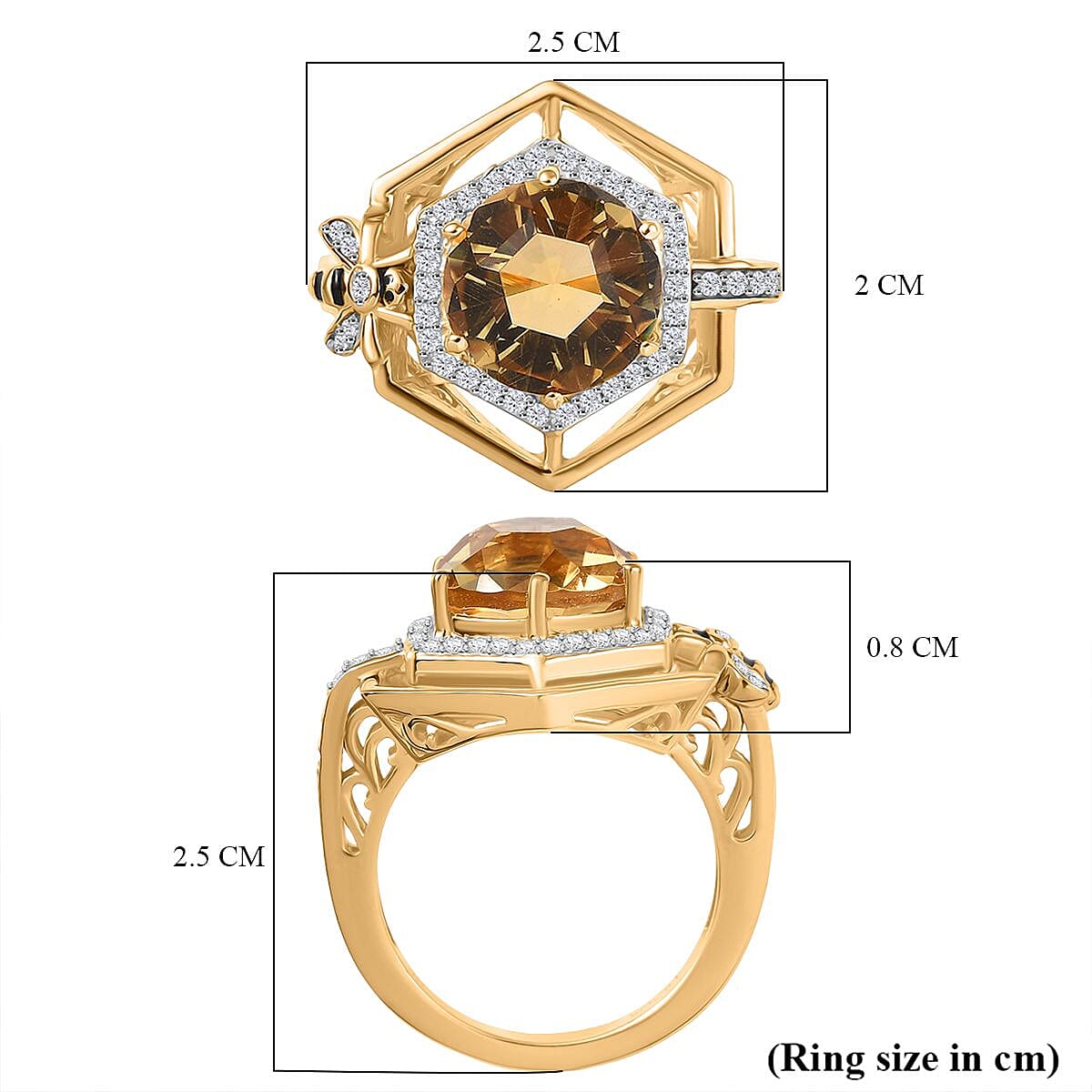 GP Honey Comb Collection - Honeycomb Cut Citrine, Blue Sapphire & White Zircon Ring in 18K Vermeil Yellow Gold Plated Sterling Silver 4.45 Ct.