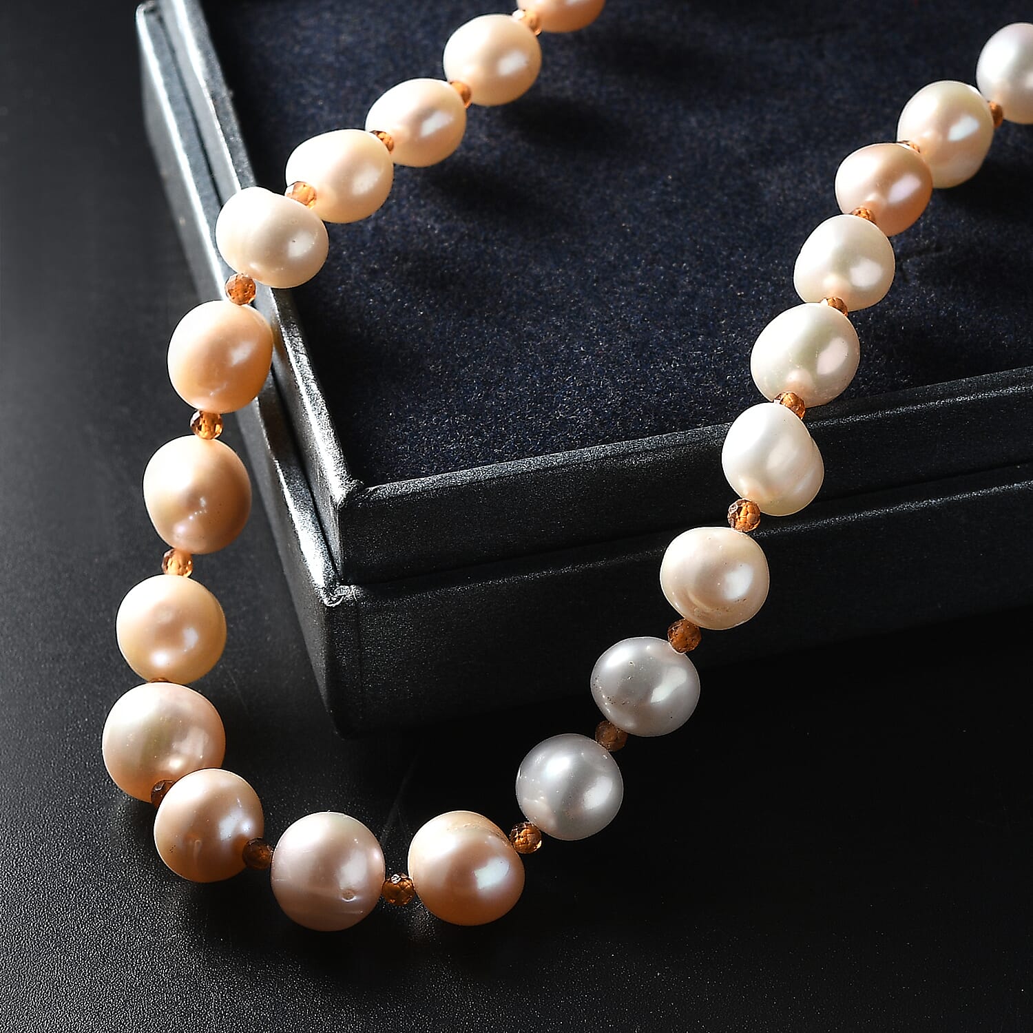 Peach Fresh Water Pearl & Hessonite Garnet Necklace (Size - 20) in 18K Vermeil Yellow Gold Plated Sterling Silver 117.00 Ct.