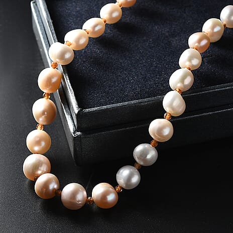 Peach Fresh Water Pearl & Hessonite Garnet Necklace (Size - 20) in 18K Vermeil Yellow Gold Plated Sterling Silver 117.00 Ct.