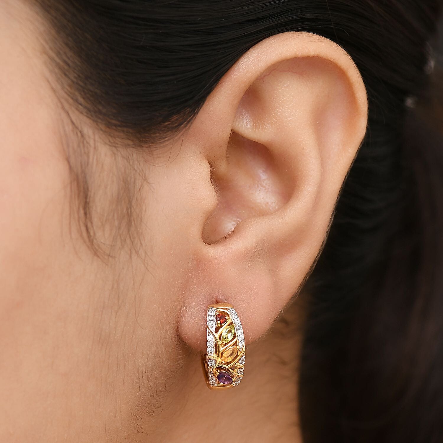 GP Italian Garden Collection - African Amethyst & Multi Gemstones Hoop Earring in 18K Vermeil Yellow Gold Plated Sterling Silver 0.95 Ct.