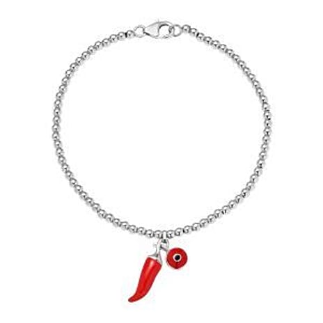 GP Chilli Pepper Collection -  Enamelled Charm Bracelet with Blue Sapphire (Size - 8) with Lobster Clasp in Rhodium Overlay Sterling Silver