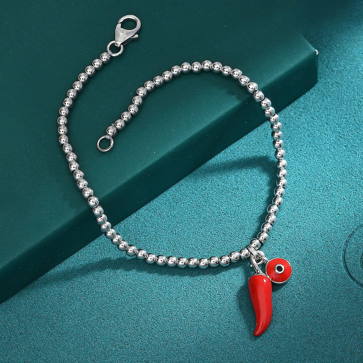 GP Chilli Pepper Collection -  Enamelled Charm Bracelet with Blue Sapphire (Size - 8) with Lobster Clasp in Rhodium Overlay Sterling Silver