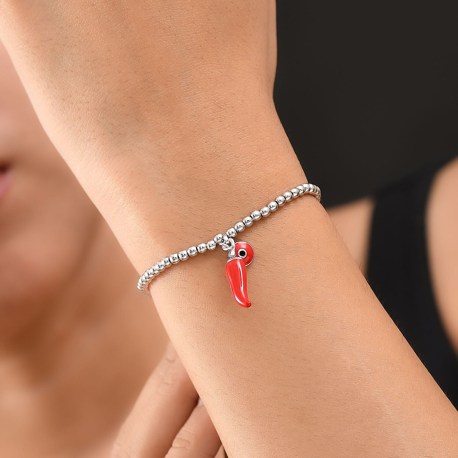 GP Chilli Pepper Collection -  Enamelled Charm Bracelet with Blue Sapphire (Size - 8) with Lobster Clasp in Rhodium Overlay Sterling Silver