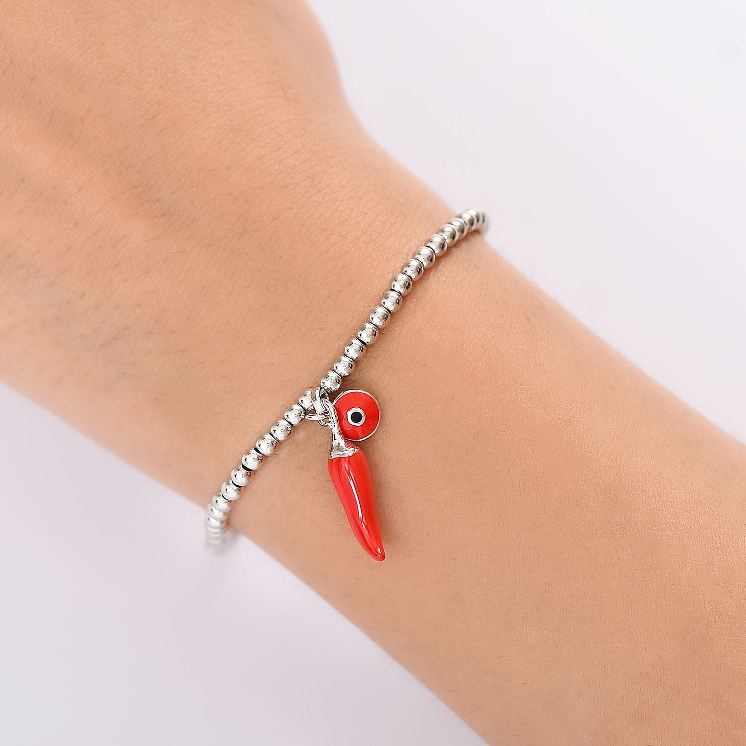 GP Chilli Pepper Collection -  Enamelled Charm Bracelet with Blue Sapphire (Size - 8) with Lobster Clasp in Rhodium Overlay Sterling Silver