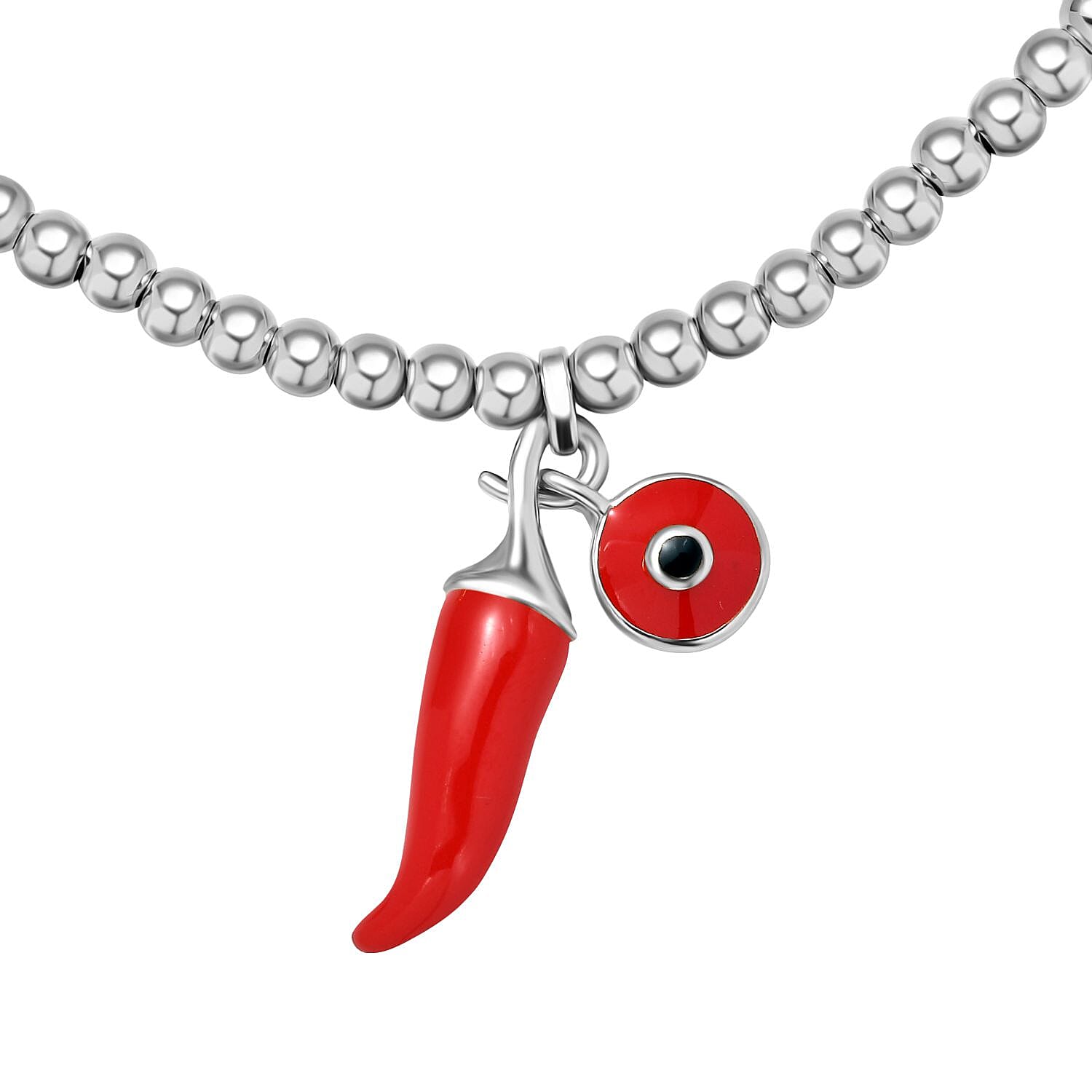 GP Chilli Pepper Collection -  Enamelled Charm Bracelet with Blue Sapphire (Size - 8) with Lobster Clasp in Rhodium Overlay Sterling Silver
