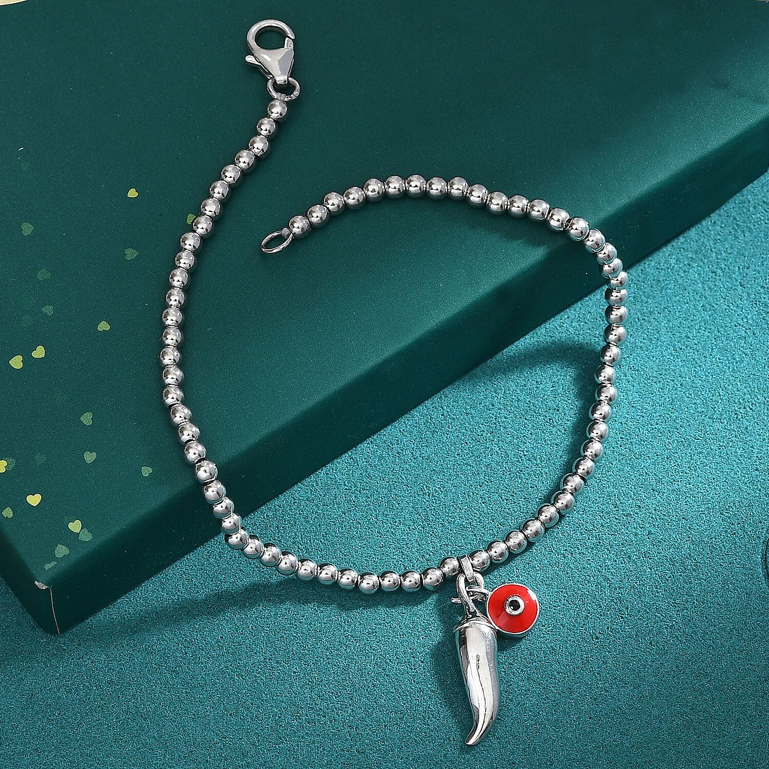GP Chilli Pepper Collection -  Plain Charm Bracelet with Blue Sapphire (Size - 8) with Lobster Clasp in Rhodium Overlay Sterling Silver, Silver Wt.6.55 Gms