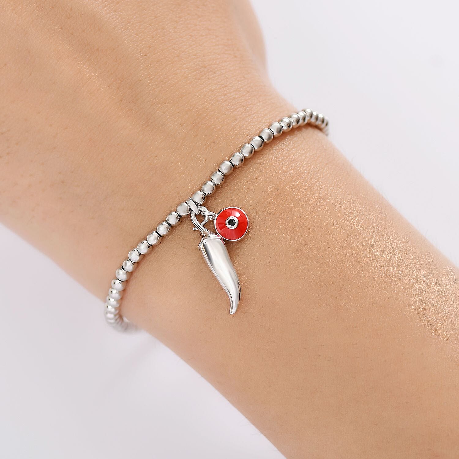 GP Chilli Pepper Collection -  Plain Charm Bracelet with Blue Sapphire (Size - 8) with Lobster Clasp in Rhodium Overlay Sterling Silver, Silver Wt.6.55 Gms