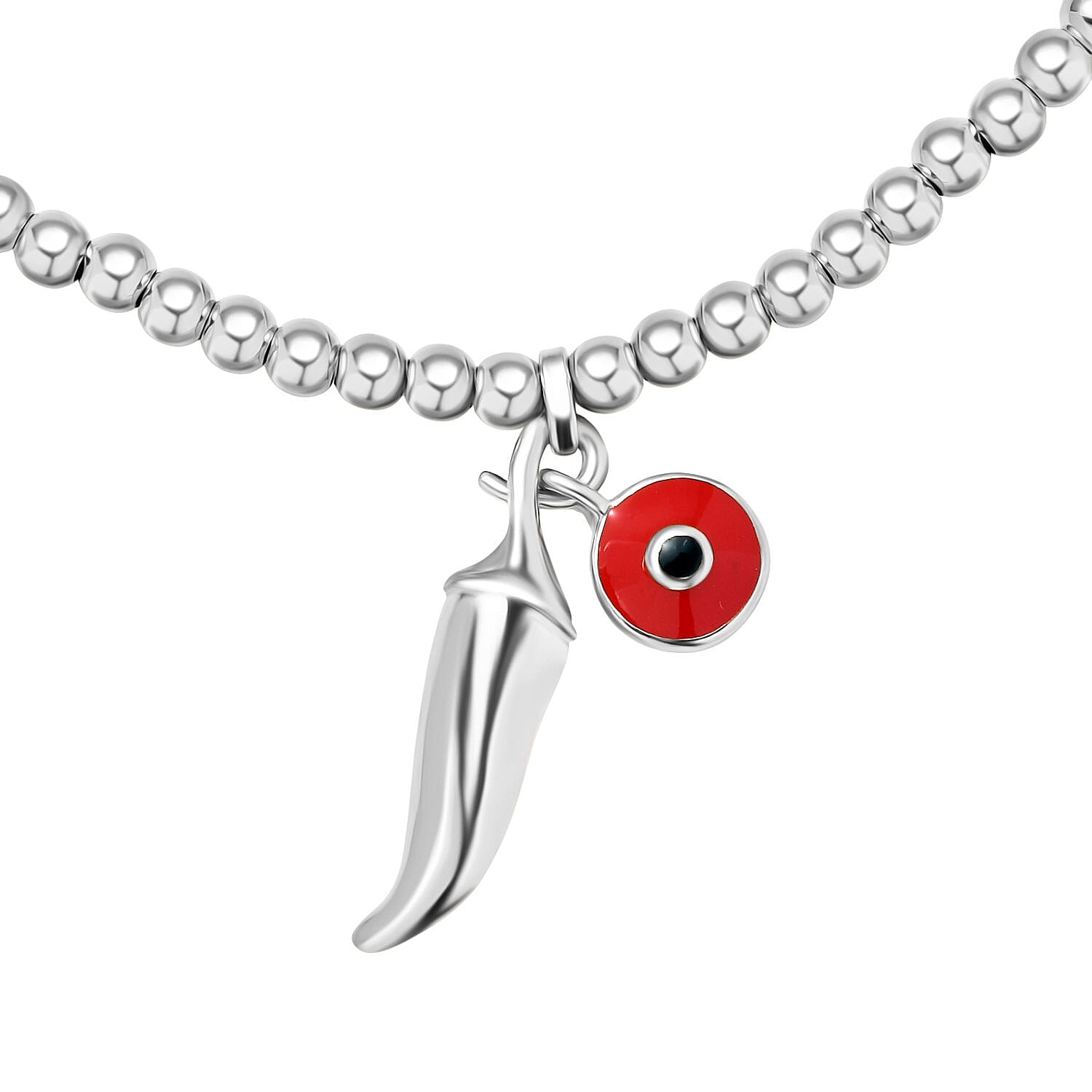 GP Chilli Pepper Collection -  Plain Charm Bracelet with Blue Sapphire (Size - 8) with Lobster Clasp in Rhodium Overlay Sterling Silver, Silver Wt.6.55 Gms