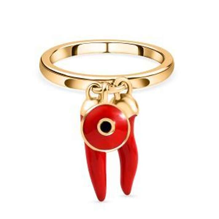 GP Chilli Pepper Collection - Enamelled Red Chilli Charm Ring in 18K Vermeil Yellow Gold Over Sterling Silver