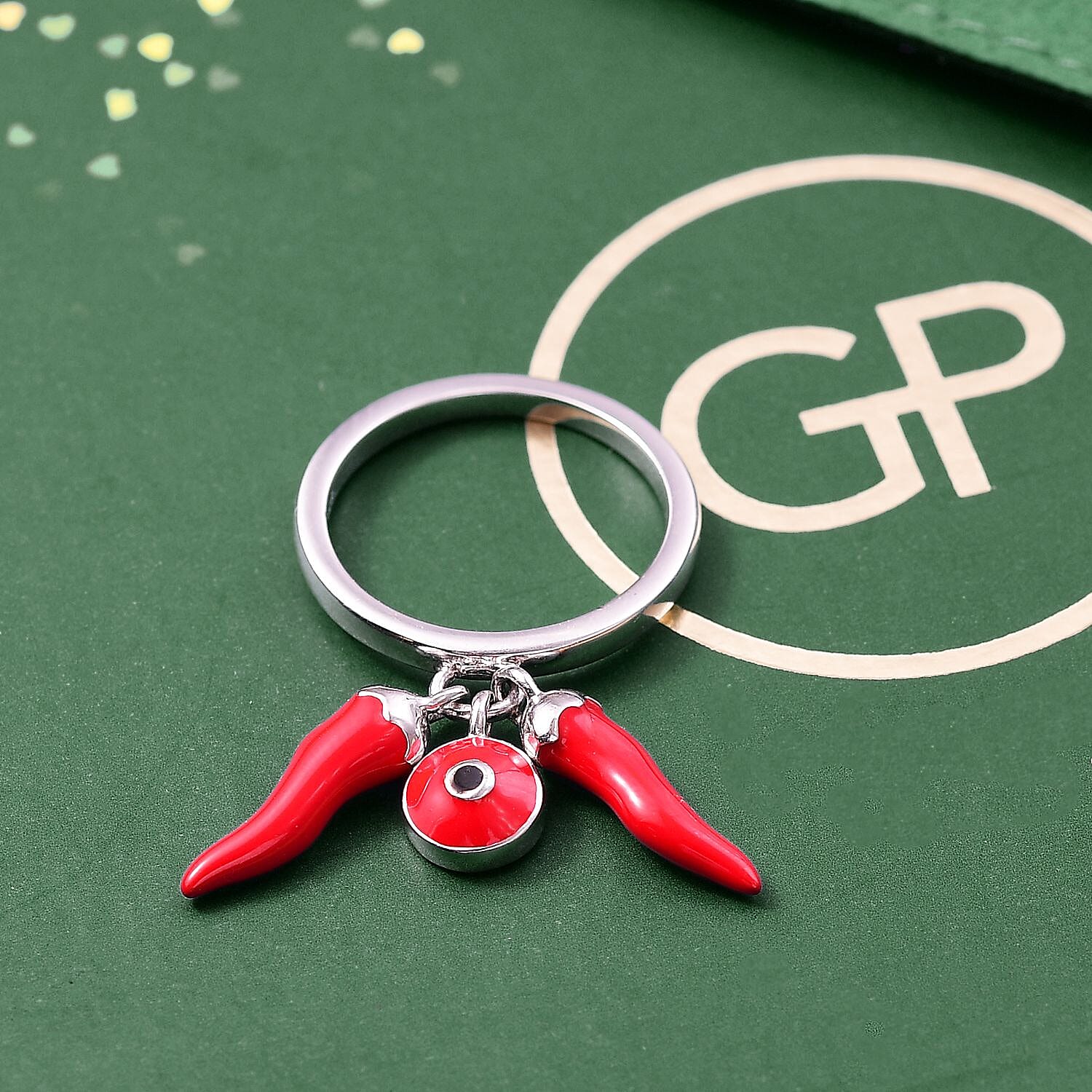 GP Chilli Pepper Collection - Blue Sapphire Enamelled Charm Ring in Rhodium Overlay Sterling Silver