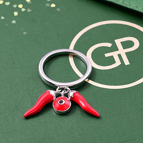 GP Chilli Pepper Collection - Blue Sapphire Enamelled Charm Ring in Rhodium Overlay Sterling Silver