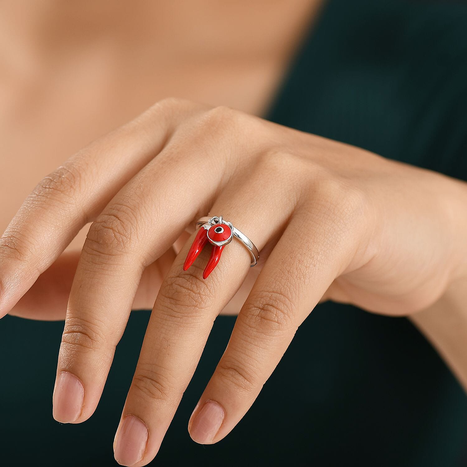 GP Chilli Pepper Collection - Blue Sapphire Enamelled Charm Ring in Rhodium Overlay Sterling Silver