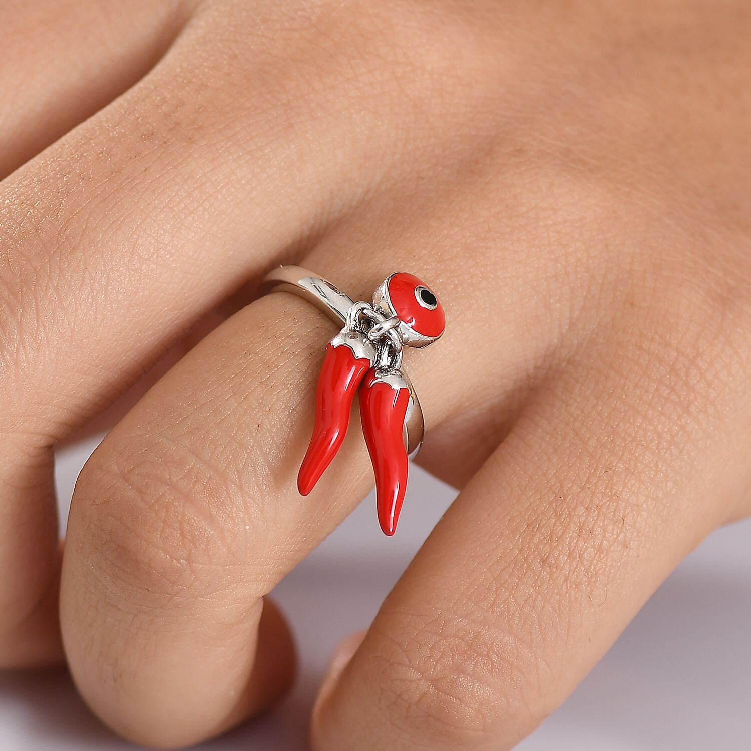 GP Chilli Pepper Collection - Blue Sapphire Enamelled Charm Ring in Rhodium Overlay Sterling Silver