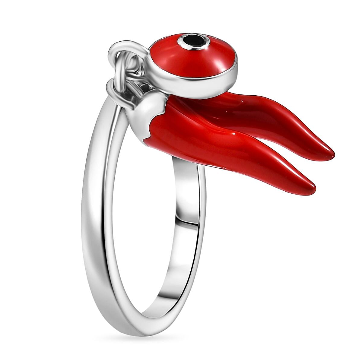 GP Chilli Pepper Collection - Blue Sapphire Enamelled Charm Ring in Rhodium Overlay Sterling Silver