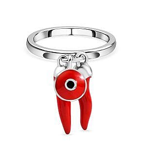 GP Chilli Pepper Collection - Enamelled Red Chilli Charm Ring in Rhodium Overlay Sterling Silver