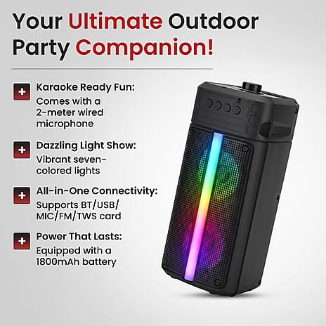 Powerful Bluetooth Speaker with 2M Wired Microphone - Seven Colored Lights with 1800mAh Battery (Size 16x13.5x35cm) - Black