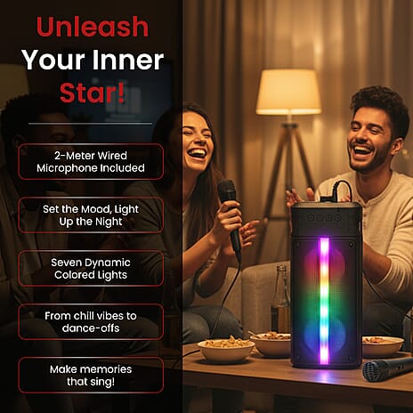 Powerful Bluetooth Speaker with 2M Wired Microphone - Seven Colored Lights with 1800mAh Battery (Size 16x13.5x35cm) - Black