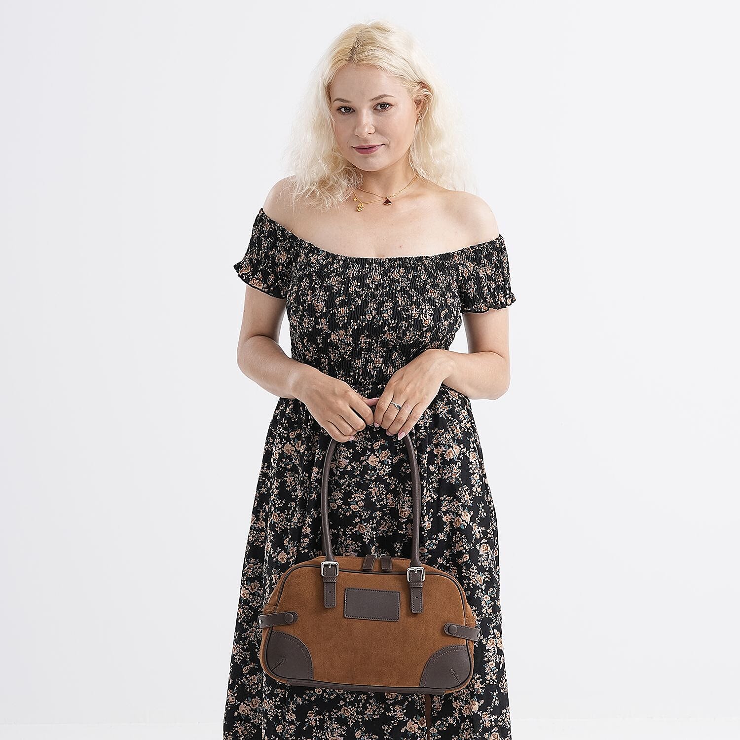 Two-Tone Genuine Leather Structured Bowling Bag - Brown