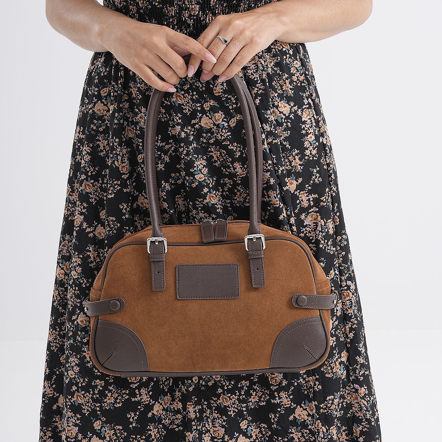 Two-Tone Genuine Leather Structured Bowling Bag - Brown