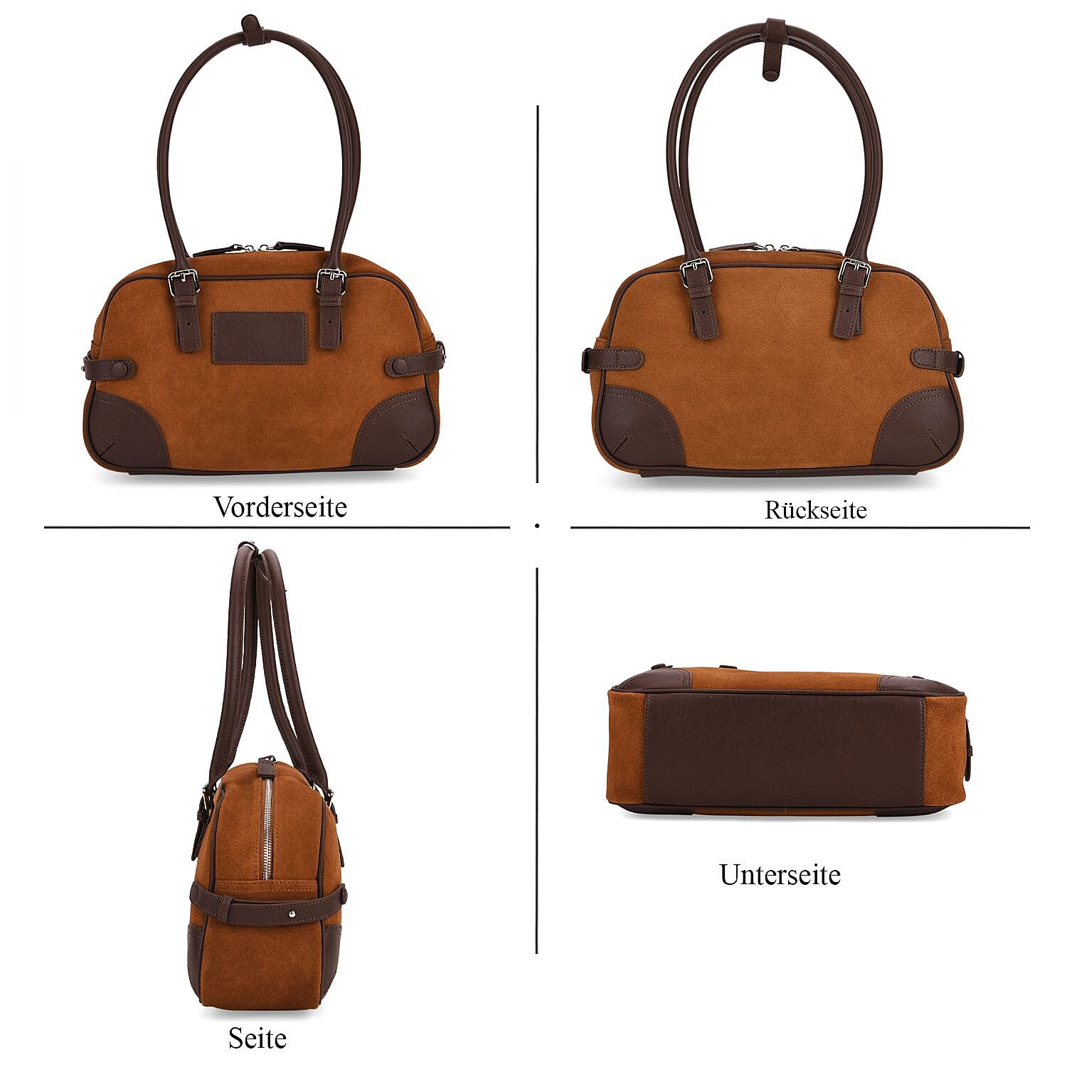 Two-Tone Genuine Leather Structured Bowling Bag - Brown