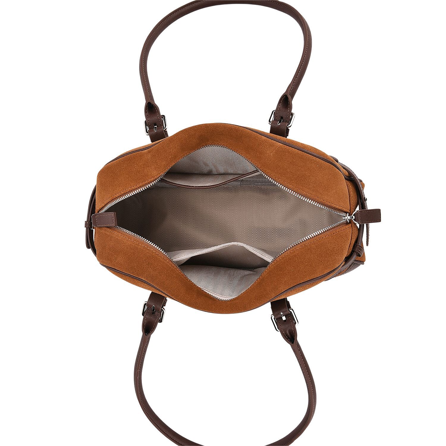 Two-Tone Genuine Leather Structured Bowling Bag - Brown