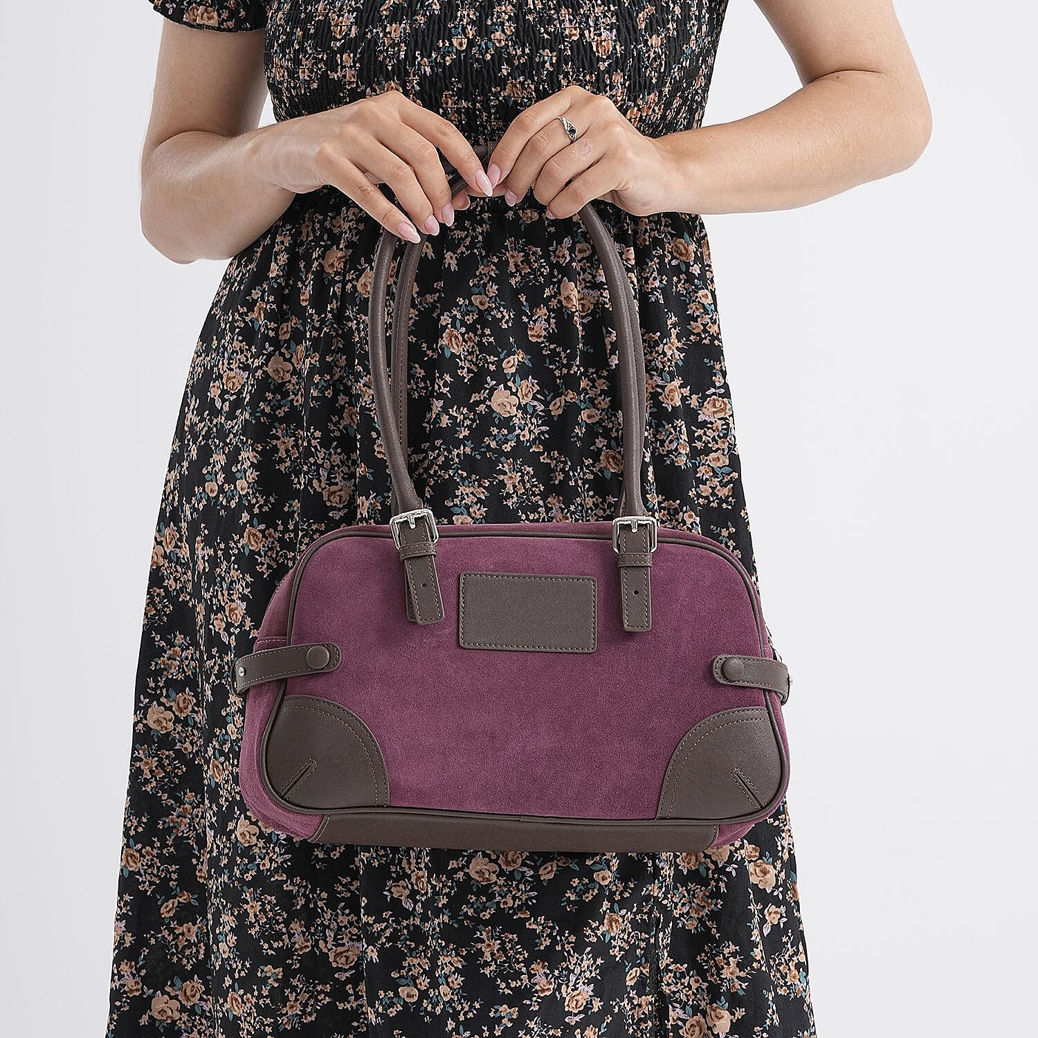 Two-Tone Genuine Leather Structured Bowling Bag - Dark Plum