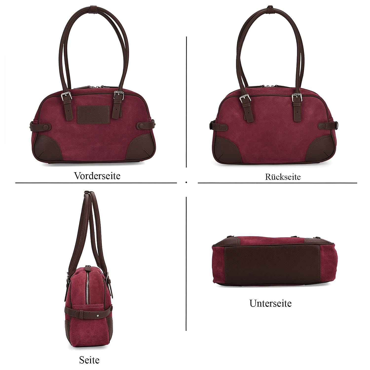 Two-Tone Genuine Leather Structured Bowling Bag - Dark Plum