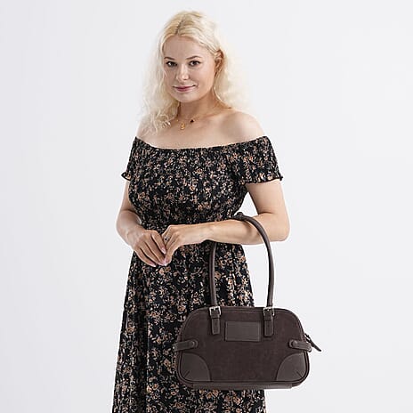 Two-Tone Genuine Leather Structured Bowling Bag - Dark Coffee