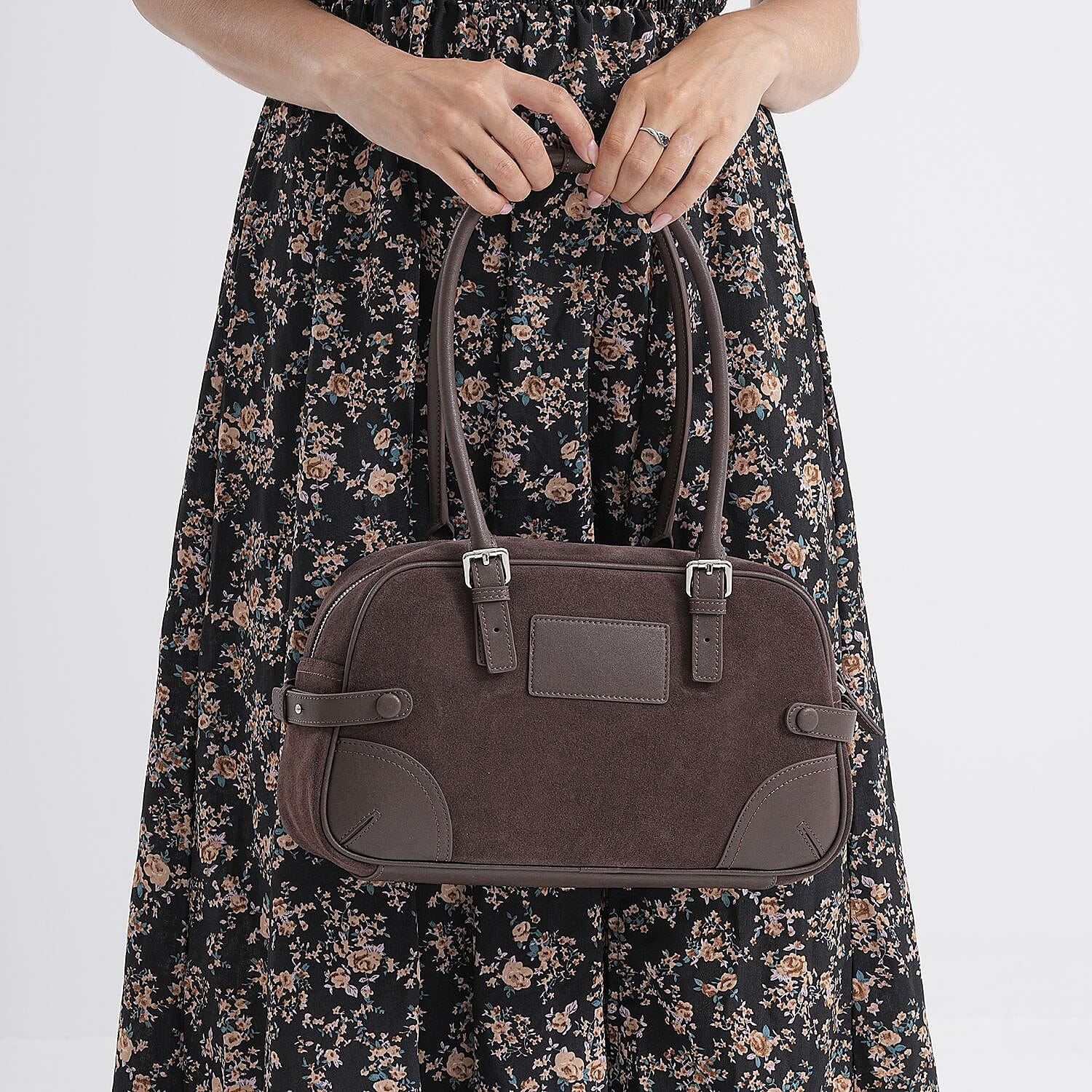 Two-Tone Genuine Leather Structured Bowling Bag - Dark Coffee