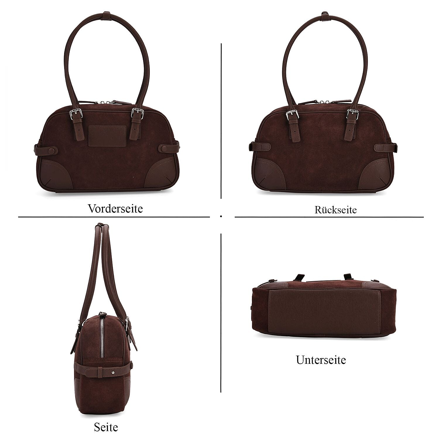Two-Tone Genuine Leather Structured Bowling Bag - Dark Coffee