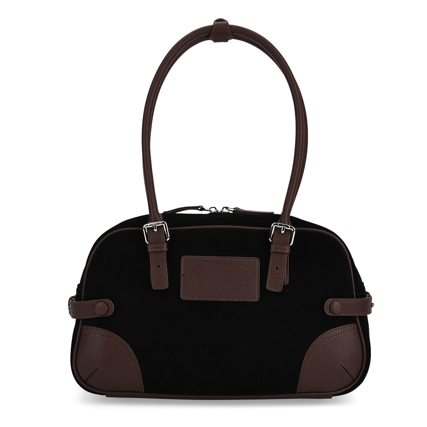 Two-Tone Genuine Leather Structured Bowling Bag - Black