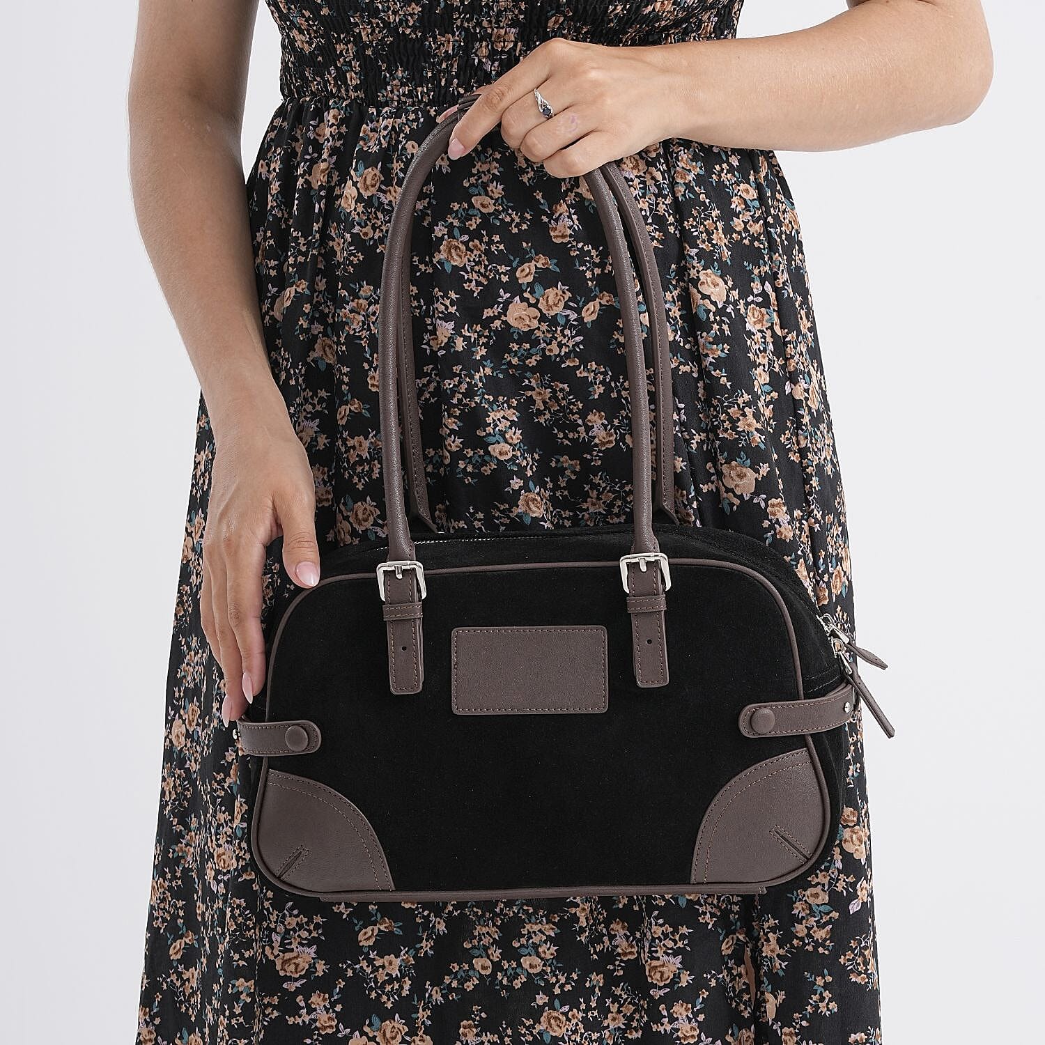 Two-Tone Genuine Leather Structured Bowling Bag - Black