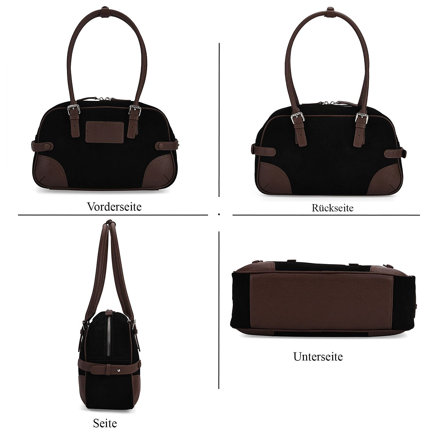 Two-Tone Genuine Leather Structured Bowling Bag - Black