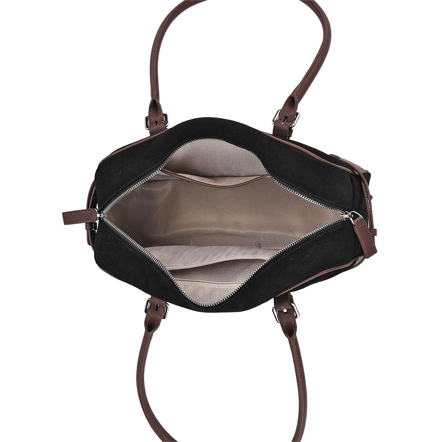 Two-Tone Genuine Leather Structured Bowling Bag - Black