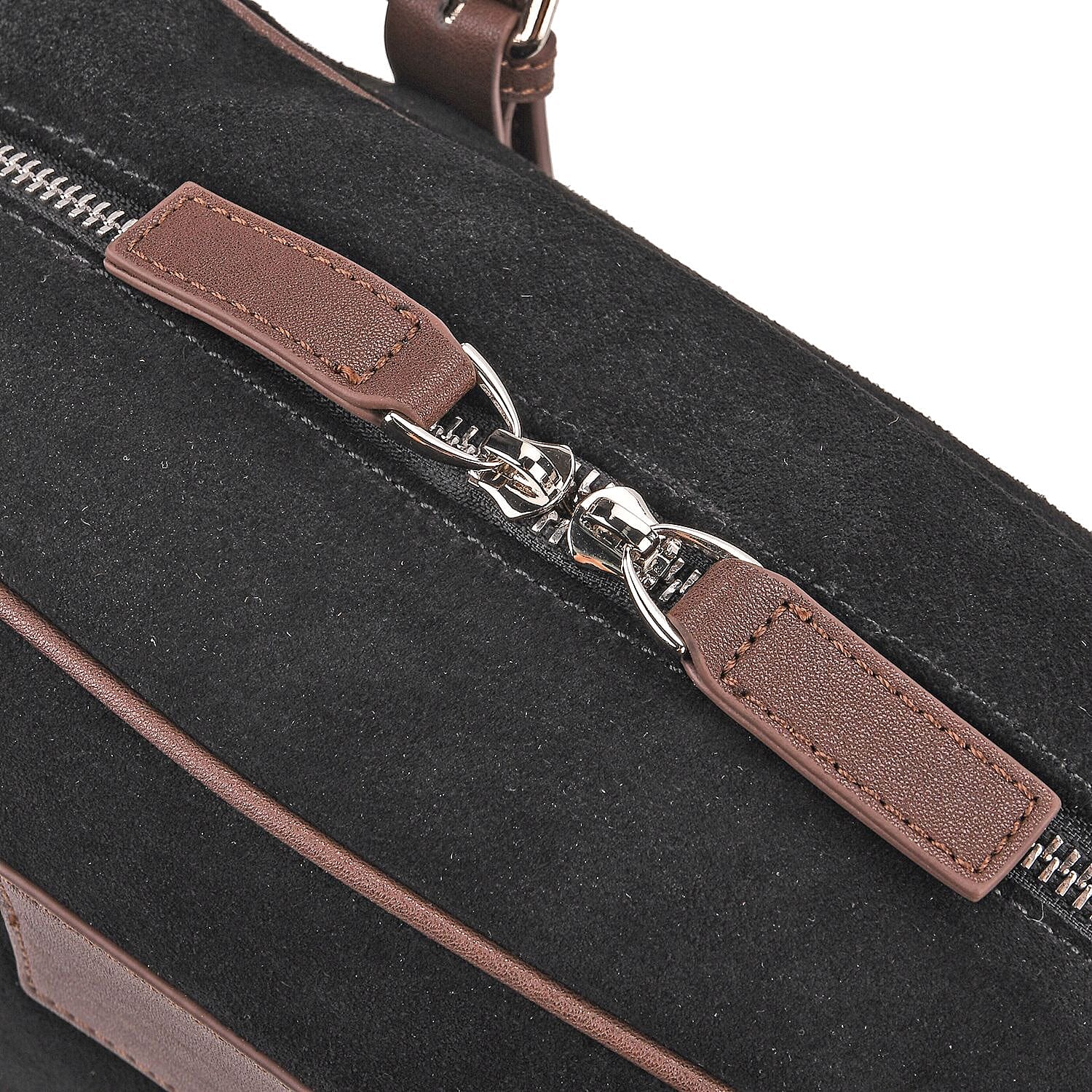 Two-Tone Genuine Leather Structured Bowling Bag - Black