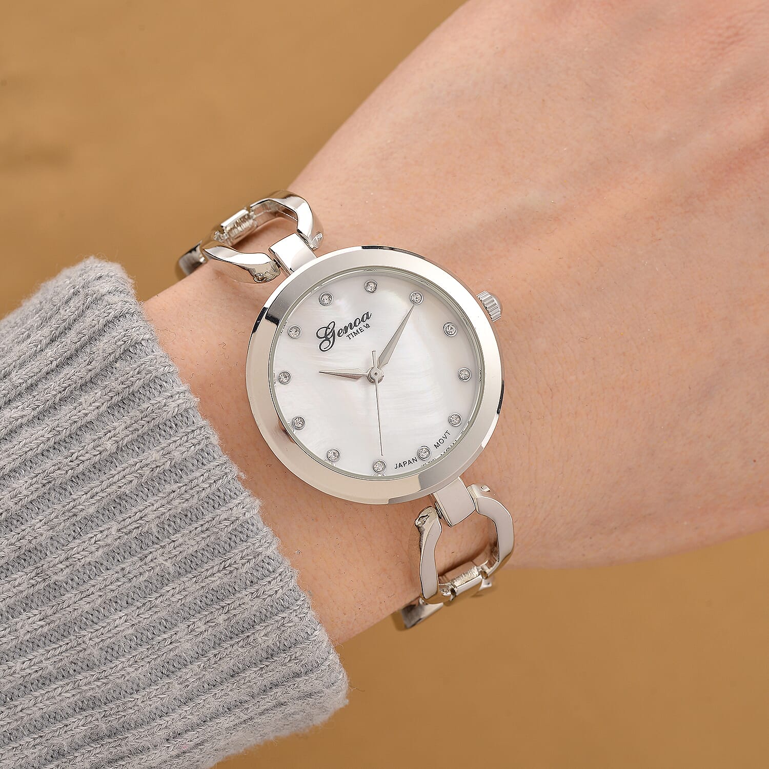 GENOA TIME V2 Miyota 2035 Japan Movt. 3ATM Water Resistant White MOP Dial Ladies Watch with Silver Colour Alloy Chain Strap and Silver-Tone Case