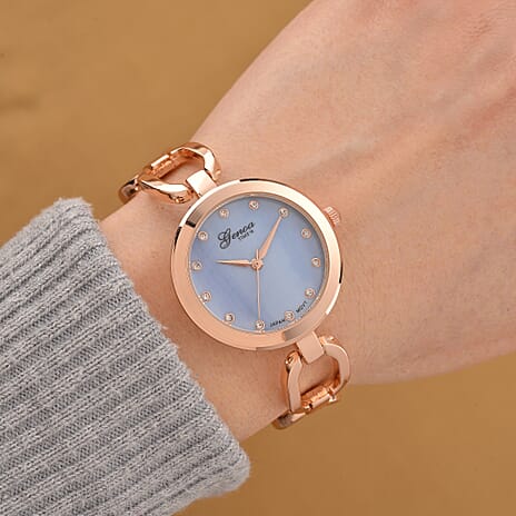 GENOA TIME V2 Miyota 2035 Japan Movt. 3ATM Water Resistant Blue MOP & White Crystal Dial Ladies Watch with Rose Colour Alloy Chain Strap and Rose-Tone Case