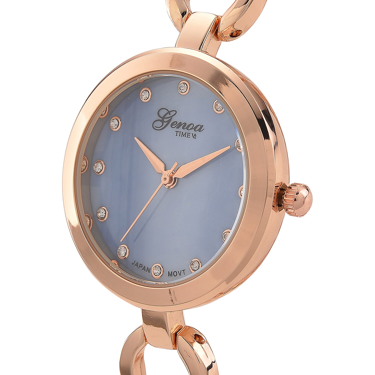 GENOA TIME V2 Miyota 2035 Japan Movt. 3ATM Water Resistant Blue MOP & White Crystal Dial Ladies Watch with Rose Colour Alloy Chain Strap and Rose-Tone Case
