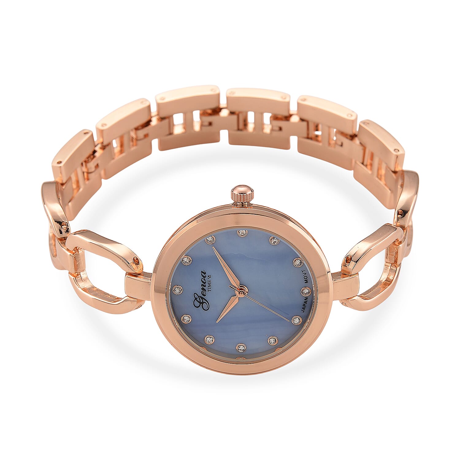 GENOA TIME V2 Miyota 2035 Japan Movt. 3ATM Water Resistant Blue MOP & White Crystal Dial Ladies Watch with Rose Colour Alloy Chain Strap and Rose-Tone Case