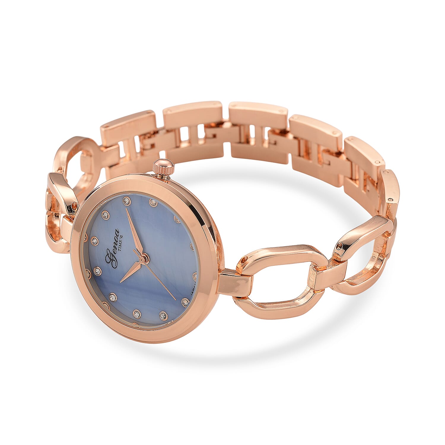 GENOA TIME V2 Miyota 2035 Japan Movt. 3ATM Water Resistant Blue MOP & White Crystal Dial Ladies Watch with Rose Colour Alloy Chain Strap and Rose-Tone Case