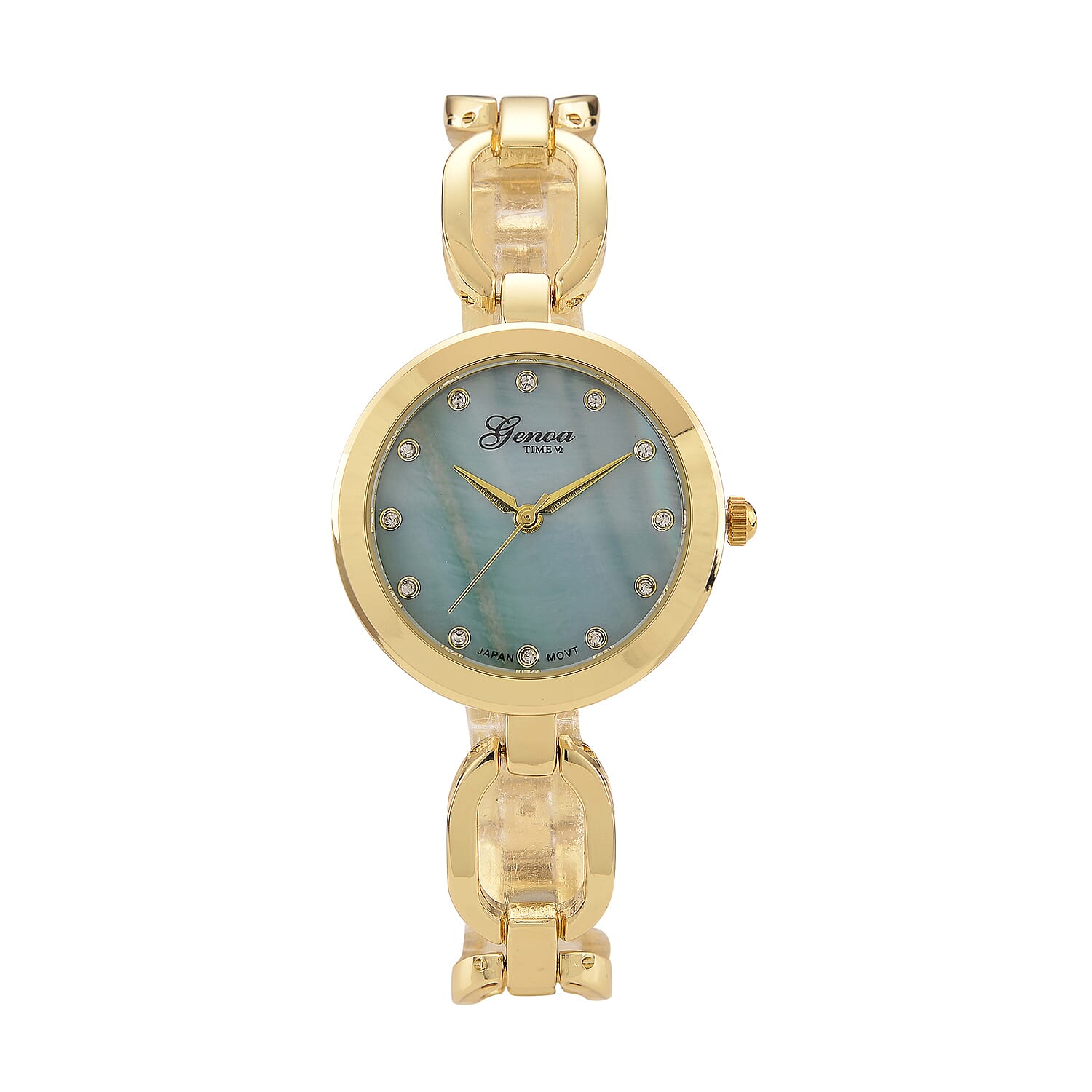 GENOA TIME V2 Miyota 2035 Japan Movt. 3ATM Water Resistant Green MOP & White Crystal Dial Ladies Watch with Gold Colour Alloy Chain Strap and Gold-Tone Case