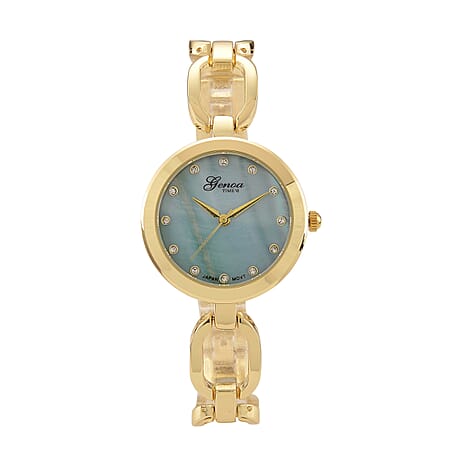 GENOA TIME V2 Miyota 2035 Japan Movt. 3ATM Water Resistant Green MOP & White Crystal Dial Ladies Watch with Gold Colour Alloy Chain Strap and Gold-Tone Case