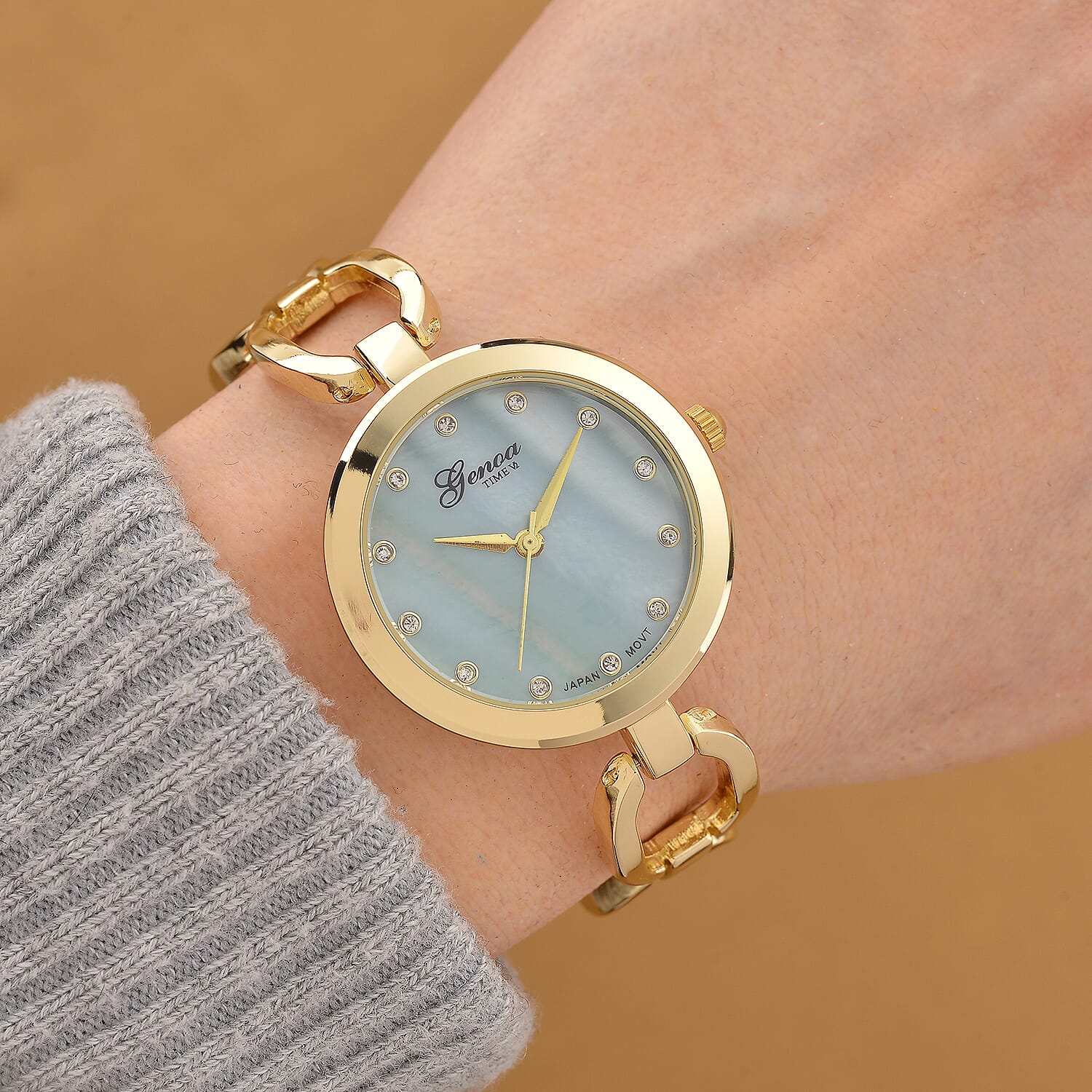 GENOA TIME V2 Miyota 2035 Japan Movt. 3ATM Water Resistant Green MOP & White Crystal Dial Ladies Watch with Gold Colour Alloy Chain Strap and Gold-Tone Case