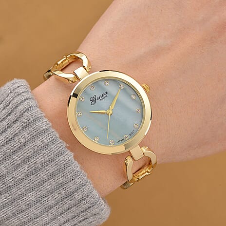 GENOA TIME V2 Miyota 2035 Japan Movt. 3ATM Water Resistant Green MOP & White Crystal Dial Ladies Watch with Gold Colour Alloy Chain Strap and Gold-Tone Case
