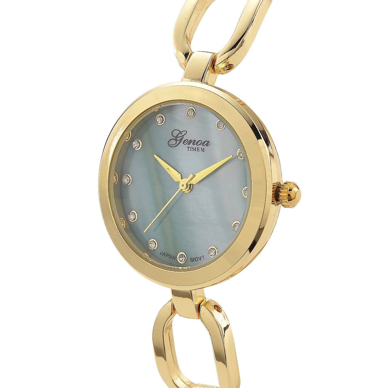 GENOA TIME V2 Miyota 2035 Japan Movt. 3ATM Water Resistant Green MOP & White Crystal Dial Ladies Watch with Gold Colour Alloy Chain Strap and Gold-Tone Case
