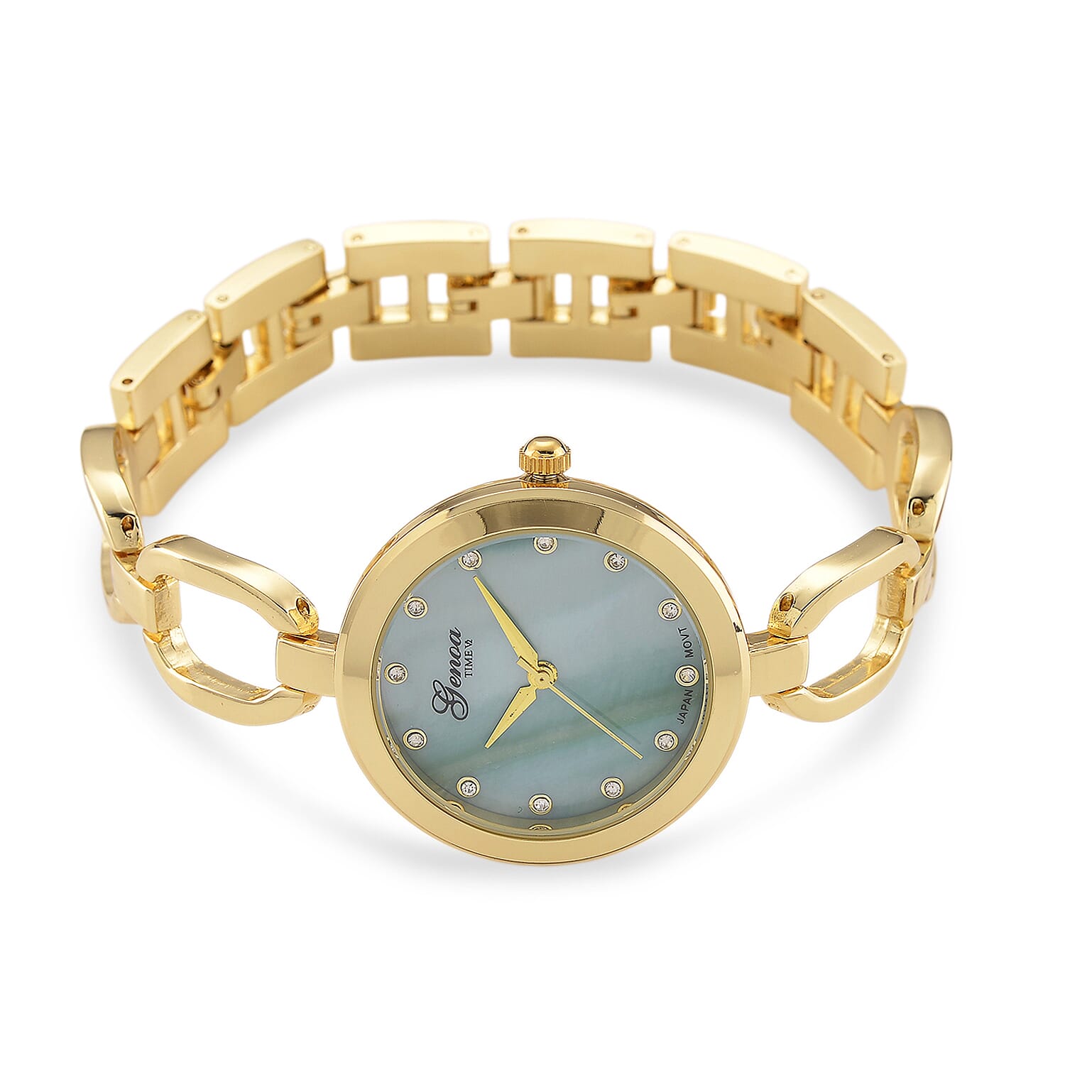 GENOA TIME V2 Miyota 2035 Japan Movt. 3ATM Water Resistant Green MOP & White Crystal Dial Ladies Watch with Gold Colour Alloy Chain Strap and Gold-Tone Case