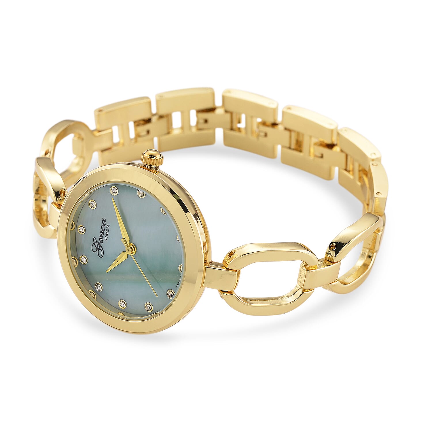 GENOA TIME V2 Miyota 2035 Japan Movt. 3ATM Water Resistant Green MOP & White Crystal Dial Ladies Watch with Gold Colour Alloy Chain Strap and Gold-Tone Case