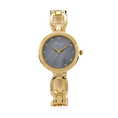 GENOA TIME V2 Miyota 2035 Japan Movt. 3ATM Water Resistant White Crystal & Grey MOP Dial Ladies Watch with Gold Colour Alloy Chain Strap and Gold-Tone Case